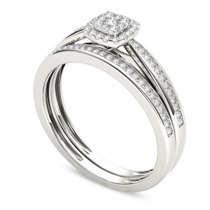 0.25 CT. T.W. Composite Natural Diamond Cushion Frame Bridal Engagement Ring Set in Solid 14K White Gold