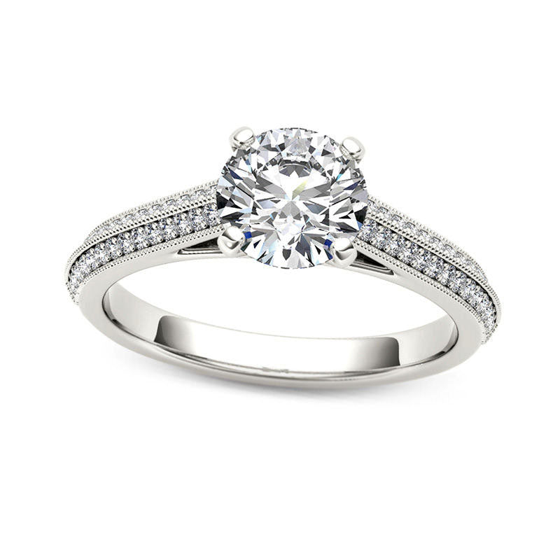 1.20 CT. T.W. Natural Diamond Frame Double Row Antique Vintage-Style Engagement Ring in Solid 14K White Gold