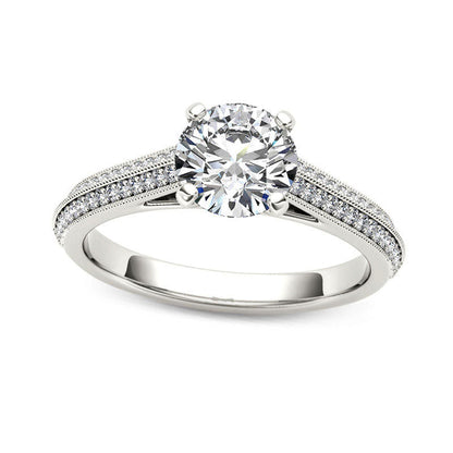 1.20 CT. T.W. Natural Diamond Frame Double Row Antique Vintage-Style Engagement Ring in Solid 14K White Gold