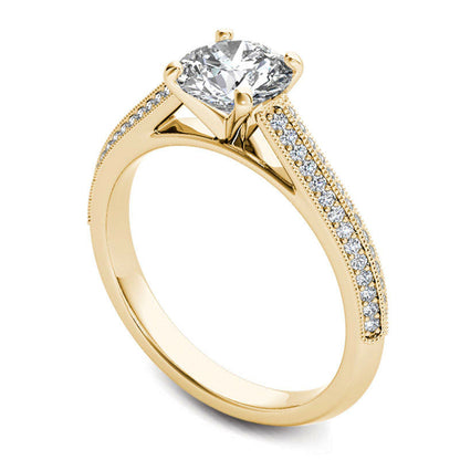 1.20 CT. T.W. Natural Diamond Frame Double Row Antique Vintage-Style Engagement Ring in Solid 14K Gold