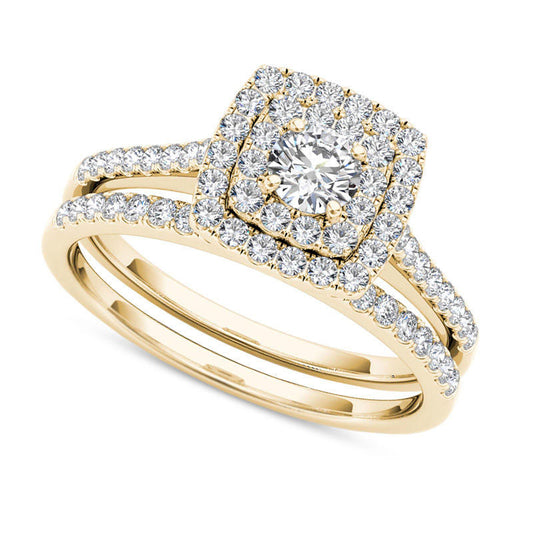0.75 CT. T.W. Natural Diamond Double Cushion Frame Bridal Engagement Ring Set in Solid 14K Gold