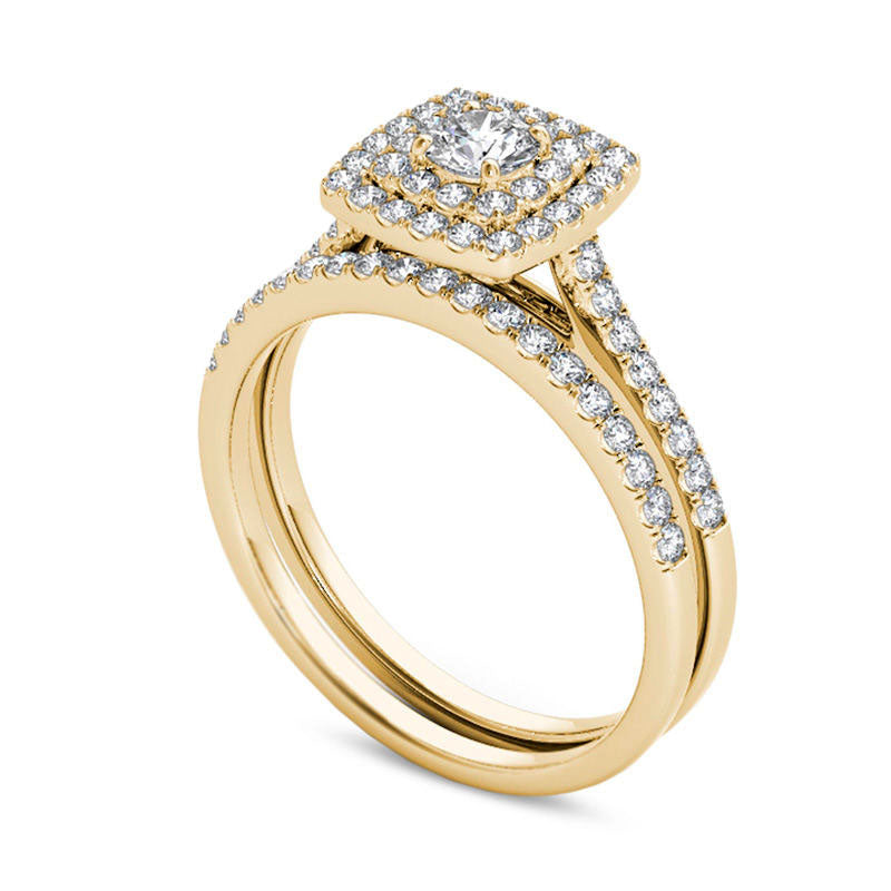 0.75 CT. T.W. Natural Diamond Double Cushion Frame Bridal Engagement Ring Set in Solid 14K Gold
