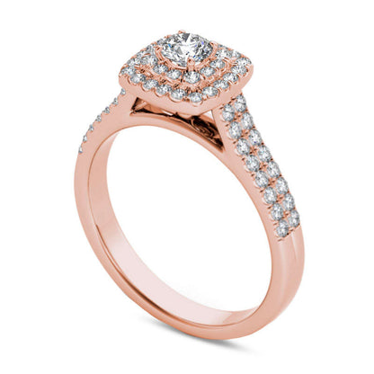 0.75 CT. T.W. Natural Diamond Double Cushion Frame Engagement Ring in Solid 14K Rose Gold
