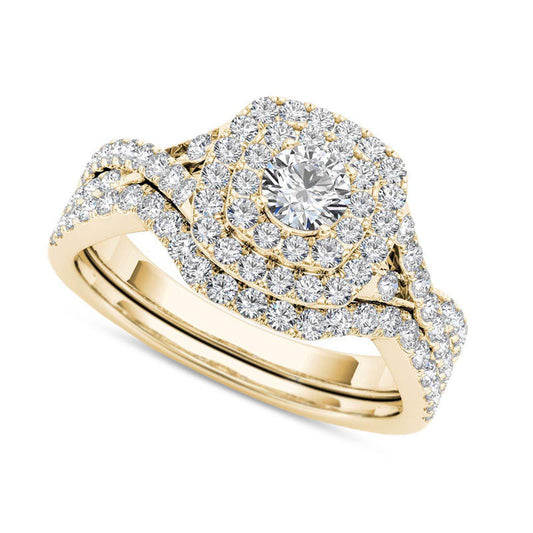 0.88 CT. T.W. Natural Diamond Double Cushion Frame Twist Bridal Engagement Ring Set in Solid 14K Gold