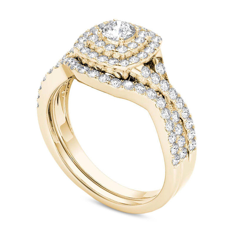 0.88 CT. T.W. Natural Diamond Double Cushion Frame Twist Bridal Engagement Ring Set in Solid 14K Gold