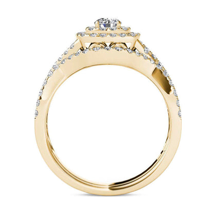 0.88 CT. T.W. Natural Diamond Double Cushion Frame Twist Bridal Engagement Ring Set in Solid 14K Gold