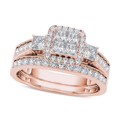 1.0 CT. T.W. Quad Princess-Cut Natural Diamond Three Stone Frame Antique Vintage-Style Bridal Engagement Ring Set in Solid 14K Rose Gold