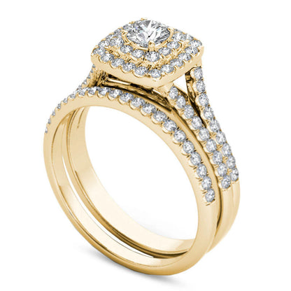 1.0 CT. T.W. Natural Diamond Double Cushion Frame Split Shank Bridal Engagement Ring Set in Solid 14K Gold