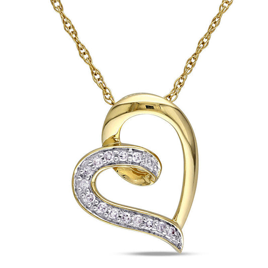 Natural Diamond Accent Tilted Swirl Heart Pendant in 10K Yellow Gold - 17