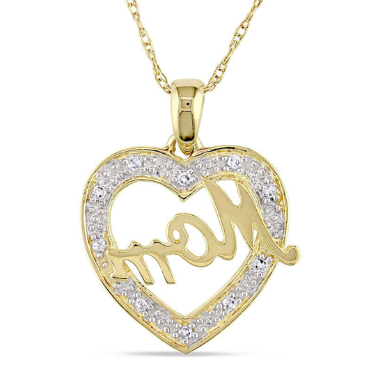 Natural Diamond Accent Mom" Heart Pendant in 10K Yellow Gold - 17""