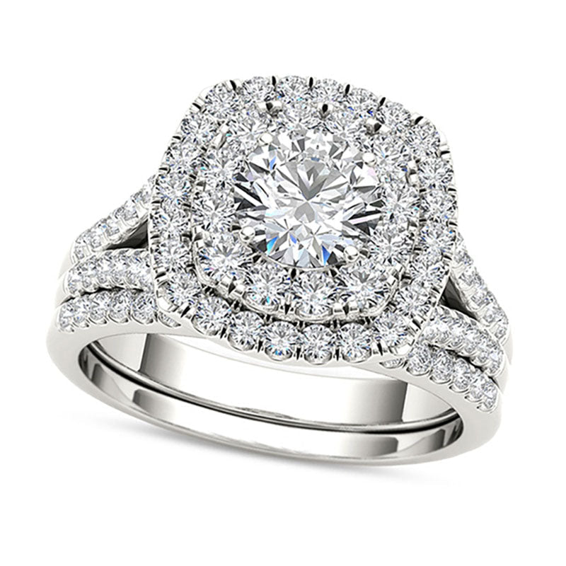 2.0 CT. T.W. Natural Diamond Double Cushion Frame Split Shank Bridal Engagement Ring Set in Solid 14K White Gold