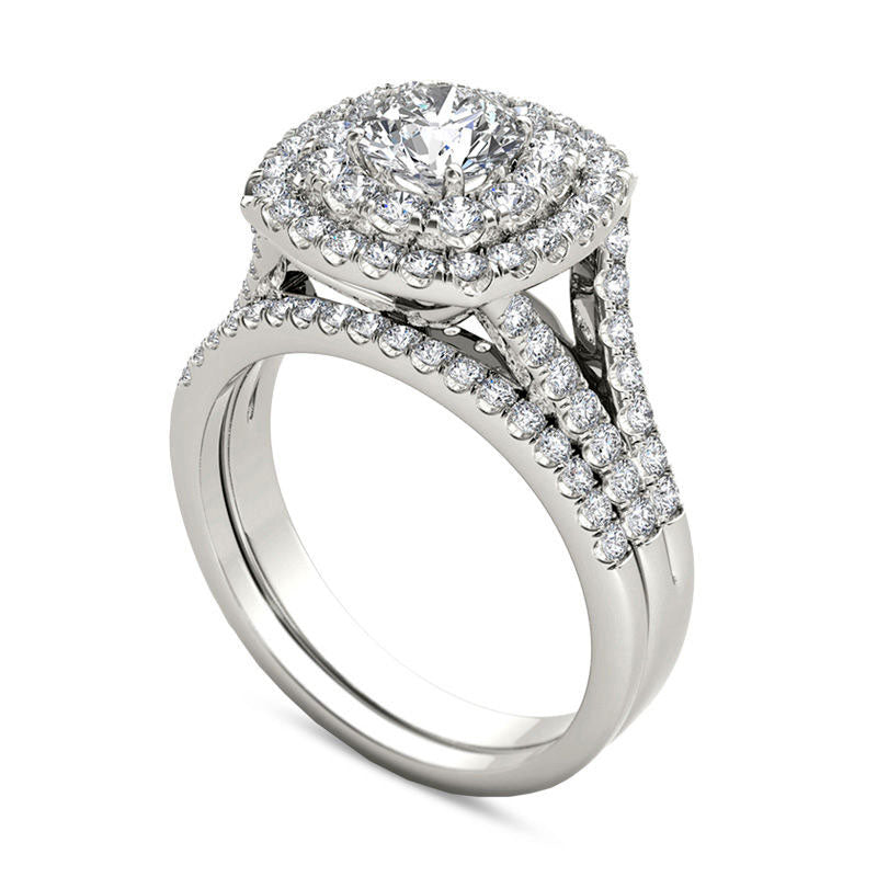 2.0 CT. T.W. Natural Diamond Double Cushion Frame Split Shank Bridal Engagement Ring Set in Solid 14K White Gold
