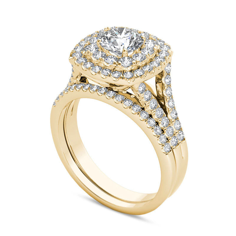 2.0 CT. T.W. Natural Diamond Double Cushion Frame Split Shank Bridal Engagement Ring Set in Solid 14K Gold