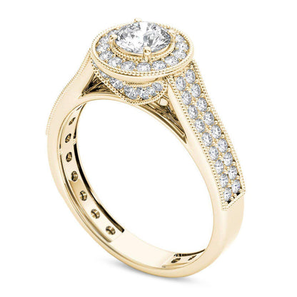1.0 CT. T.W. Natural Diamond Frame Antique Vintage-Style Double Row Engagement Ring in Solid 14K Gold