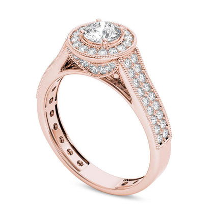 1.0 CT. T.W. Natural Diamond Frame Antique Vintage-Style Double Row Engagement Ring in Solid 14K Rose Gold