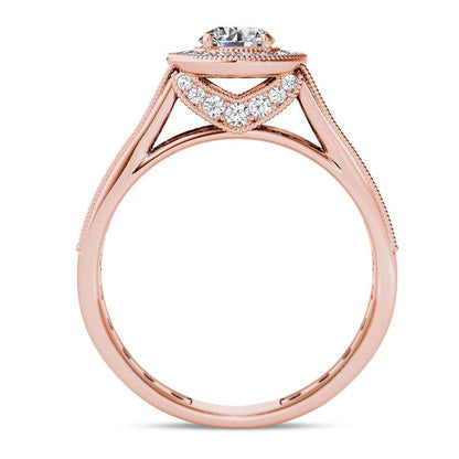 1.0 CT. T.W. Natural Diamond Frame Antique Vintage-Style Double Row Engagement Ring in Solid 14K Rose Gold