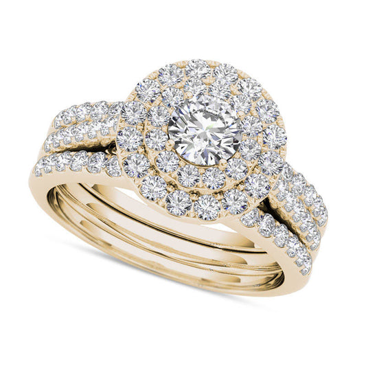 1.5 CT. T.W. Natural Diamond Double Frame Three Piece Bridal Engagement Ring Set in Solid 14K Gold