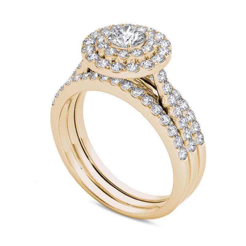 1.5 CT. T.W. Natural Diamond Double Frame Three Piece Bridal Engagement Ring Set in Solid 14K Gold