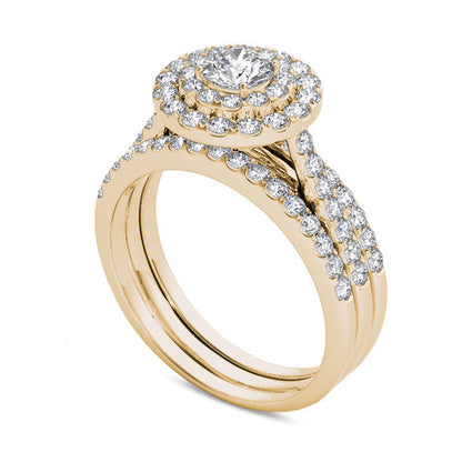 1.5 CT. T.W. Natural Diamond Double Frame Three Piece Bridal Engagement Ring Set in Solid 14K Gold