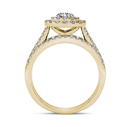 1.5 CT. T.W. Natural Diamond Double Frame Three Piece Bridal Engagement Ring Set in Solid 14K Gold