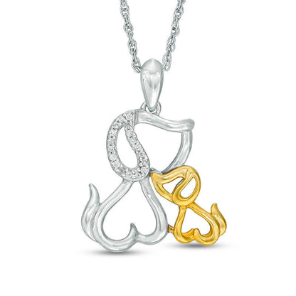 Natural Diamond Accent Dog and Puppy Pendant in Sterling Silver and 10K Yellow Gold