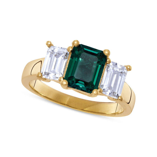 Emerald-Cut Lab-Created Emerald and White Topaz Three Stone Ring in Solid 10K Yellow Gold