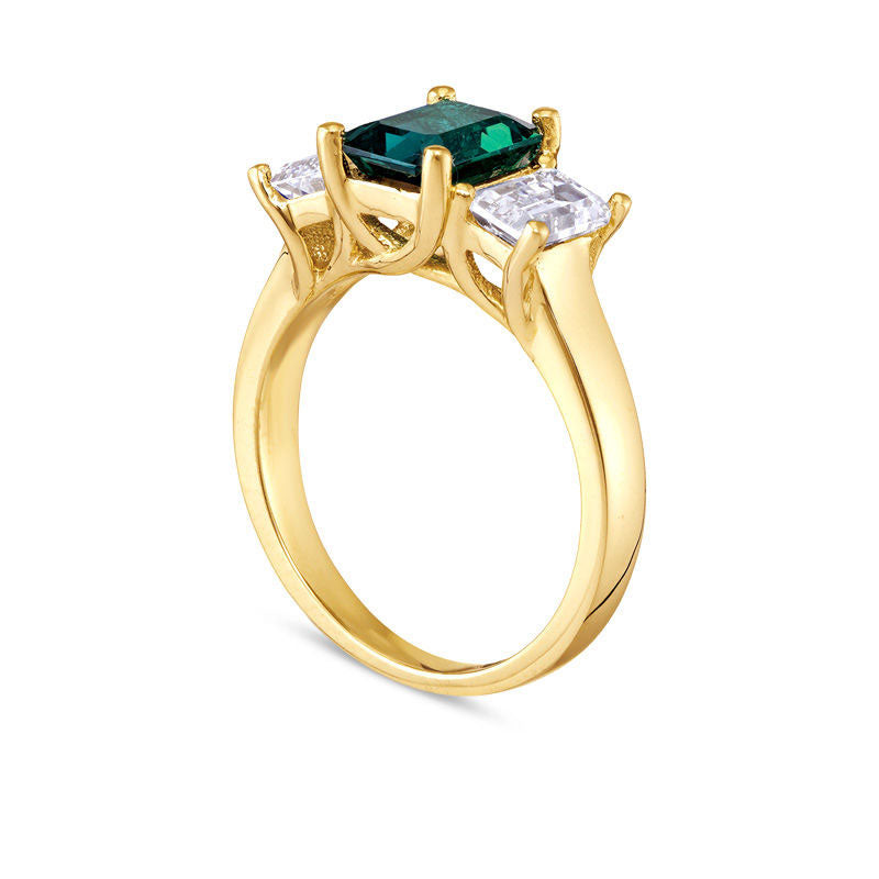 Emerald-Cut Lab-Created Emerald and White Topaz Three Stone Ring in Solid 10K Yellow Gold