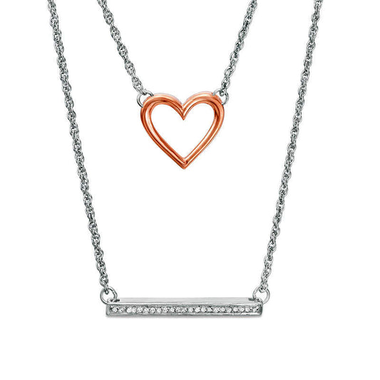 0.07 CT. T.W. Natural Diamond Heart and Bar Double Strand Necklace in Sterling Silver and 10K Rose Gold - 20