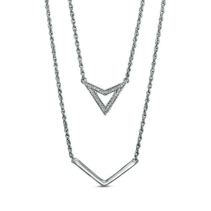 Natural Diamond Accent Triangle and Chevron Double Strand Necklace in Sterling Silver - 20