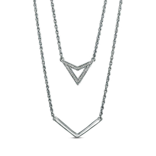 Natural Diamond Accent Triangle and Chevron Double Strand Necklace in Sterling Silver - 20