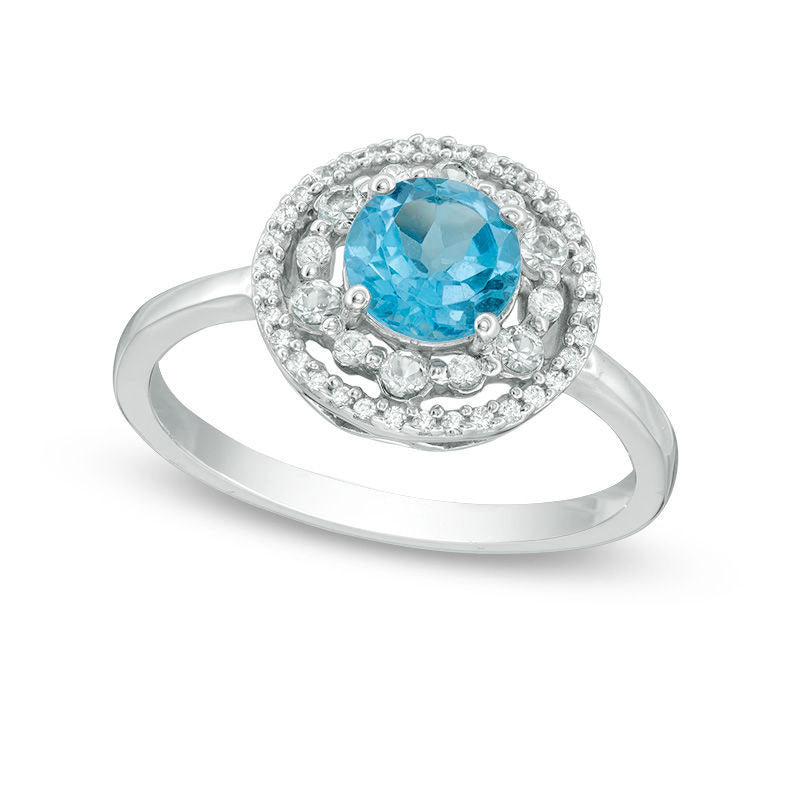 6.0mm Blue Topaz, Lab-Created White Sapphire and 0.10 CT. T.W. Diamond Frame Ring in Solid 10K White Gold