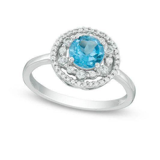 6.0mm Blue Topaz, Lab-Created White Sapphire and 0.10 CT. T.W. Diamond Frame Ring in Solid 10K White Gold