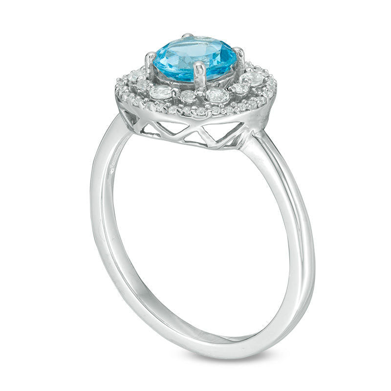 6.0mm Blue Topaz, Lab-Created White Sapphire and 0.10 CT. T.W. Diamond Frame Ring in Solid 10K White Gold