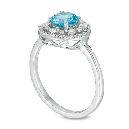 6.0mm Blue Topaz, Lab-Created White Sapphire and 0.10 CT. T.W. Diamond Frame Ring in Solid 10K White Gold