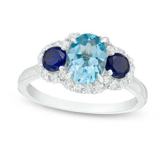 Oval Blue Topaz, Lab-Created Blue and White Sapphire Three Stone Ring in Sterling Silver
