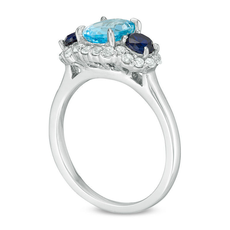 Oval Blue Topaz, Lab-Created Blue and White Sapphire Three Stone Ring in Sterling Silver