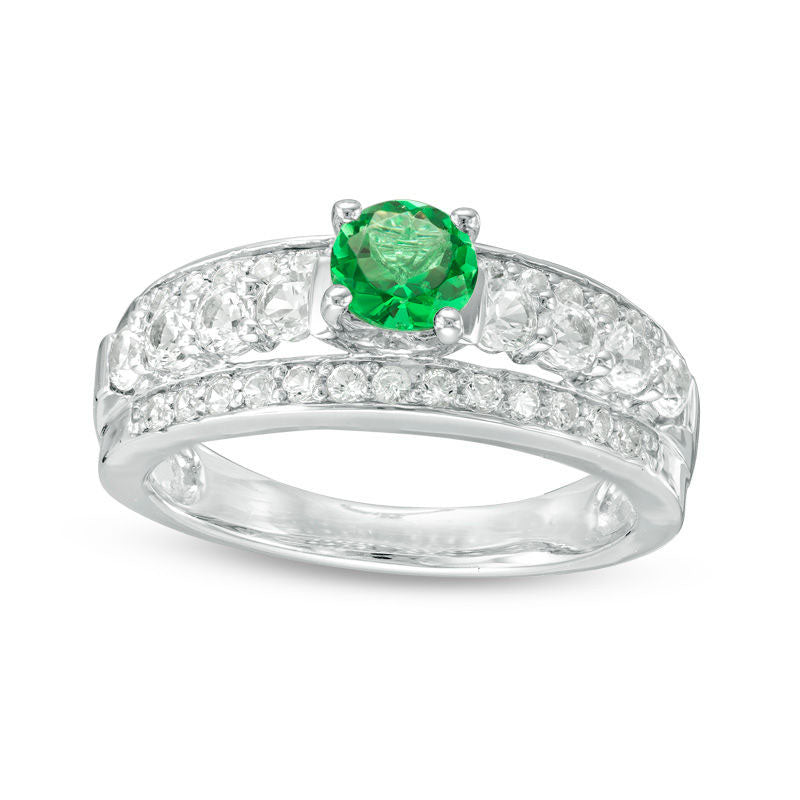 5.0mm Lab-Created Emerald and White Sapphire Engagement Ring in Sterling Silver