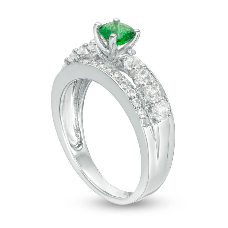 5.0mm Lab-Created Emerald and White Sapphire Engagement Ring in Sterling Silver