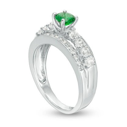 5.0mm Lab-Created Emerald and White Sapphire Engagement Ring in Sterling Silver