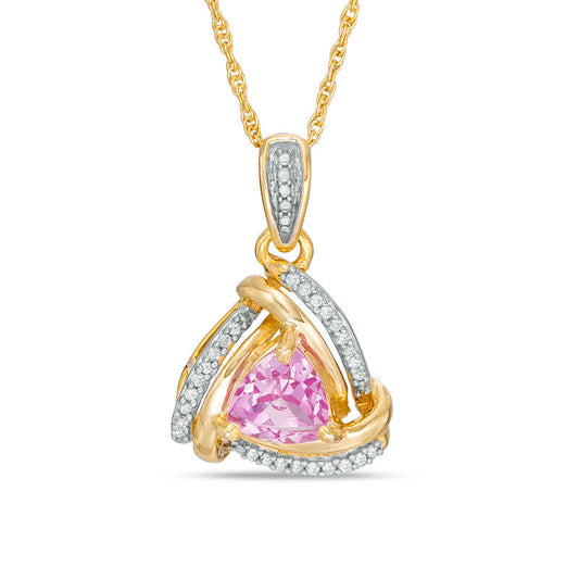 6.0mm Trillion-Cut Lab-Created Pink Sapphire and Diamond Accent Swirl Frame Pendant in 10K Yellow Gold