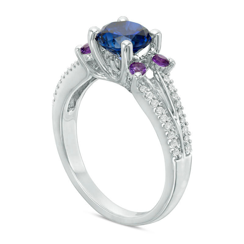 6.5mm Lab-Created Blue Sapphire, Amethyst and 0.17 CT. T.W. Diamond Split Shank Ring in Solid 10K White Gold