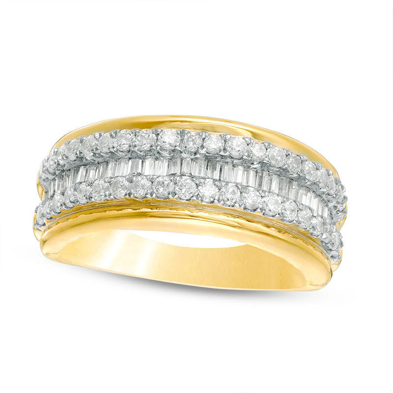 0.75 CT. T.W. Baguette and Round Natural Diamond Multi-Row Band in Solid 10K Yellow Gold