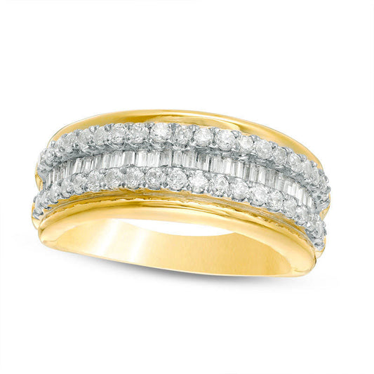 0.75 CT. T.W. Baguette and Round Natural Diamond Multi-Row Band in Solid 10K Yellow Gold