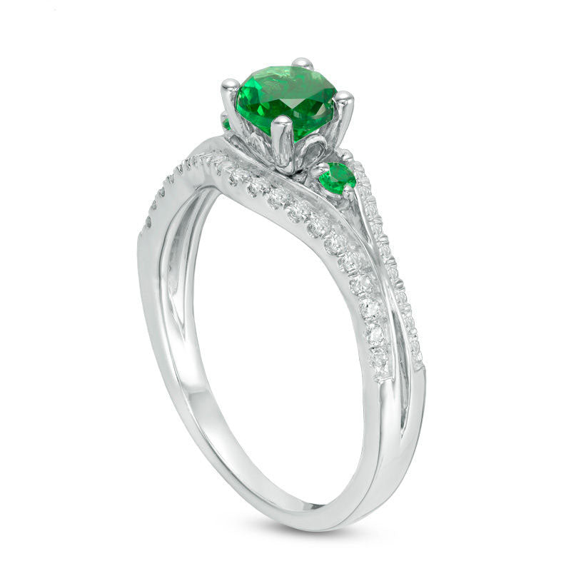 5.0mm Lab-Created Emerald and 0.25 CT. T.W. Diamond Split Shank Engagement Ring in Sterling Silver