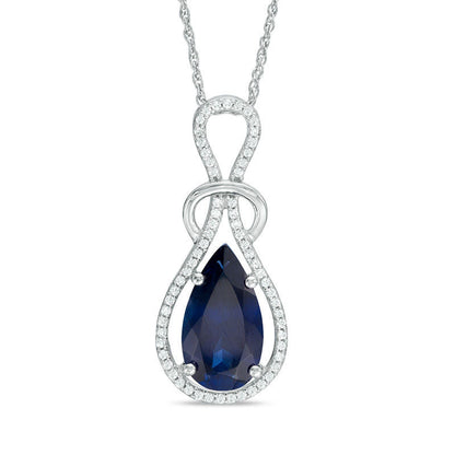 Pear-Shaped Lab-Created Blue Sapphire and 0.25 CT. T.W. Diamond Loop Pendant in Sterling Silver
