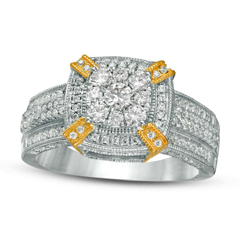 1.0 CT. T.W. Composite Natural Diamond Cushion Frame Antique Vintage-Style Engagement Ring in Solid 10K Two-Tone Gold