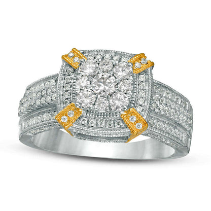 1.0 CT. T.W. Composite Natural Diamond Cushion Frame Antique Vintage-Style Engagement Ring in Solid 10K Two-Tone Gold