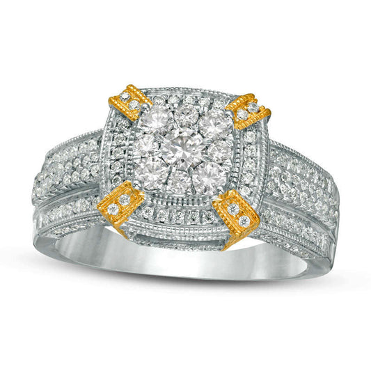 1.0 CT. T.W. Composite Natural Diamond Cushion Frame Antique Vintage-Style Engagement Ring in Solid 10K Two-Tone Gold