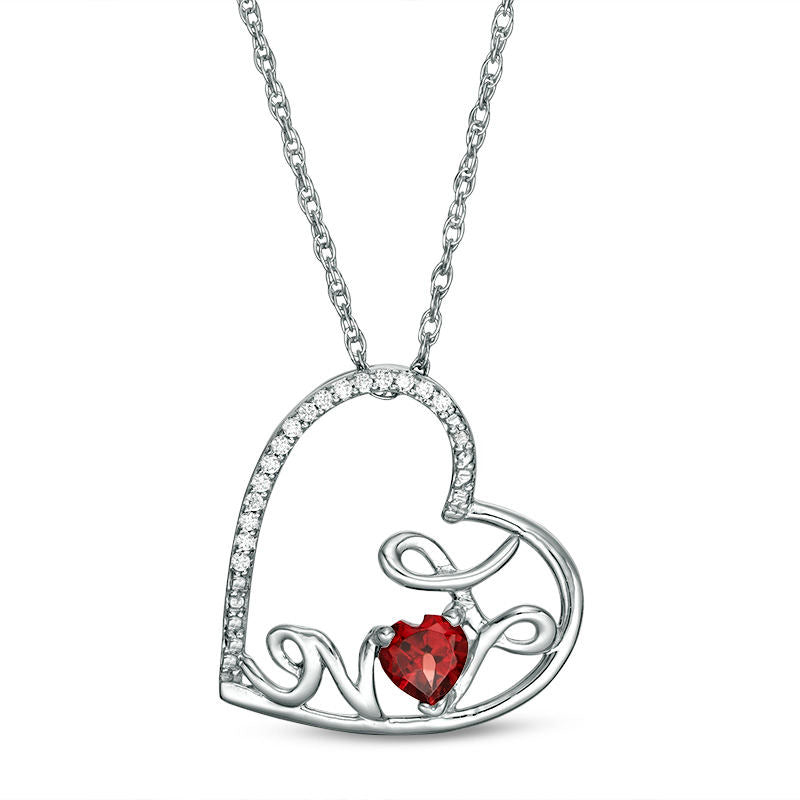 4.0mm Heart-Shaped Garnet and Natural Diamond Accent Tilted LOVE" Pendant in Sterling Silver"