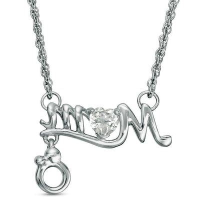 Heart-Shaped Lab-Created White Sapphire MOM" with Motherly Love Charm Necklace in Sterling Silver"